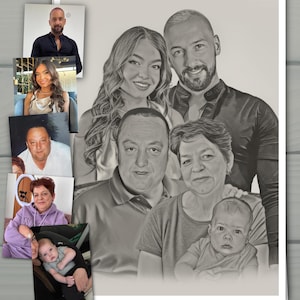 Retrato digital personalizado a partir de varias fotos / Ilustración familiar / Obra de arte personalizada / Regalo imprimible / Pareja, mascota, recuerdo / Boceto