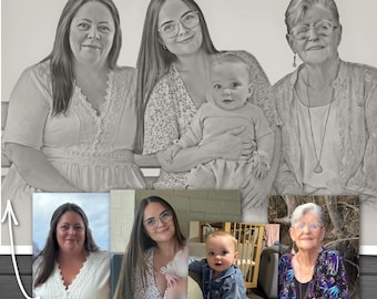 Multi Generation Family Portrait | Custom Family Portrait From Photos | Grandparents Gift | Family Keepsake