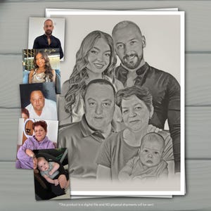 Op de afbeelding: Een digitale portretillustratie met een groep van vijf personen, waaronder een man, een vrouw, een oudere man, een oudere vrouw en een baby, gerangschikt in een collagestijl met kleinere referentiefoto's aan de linkerkant van de afbeelding.