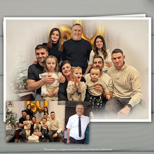 Op de afbeelding: Een digitale collage met een groepsportret van een familie van meerdere generaties met volwassenen, kinderen en een baby, naast een kleinere ingevoegde foto van een man in een wit overhemd en stropdas, met tekst over een digitaal bestand.