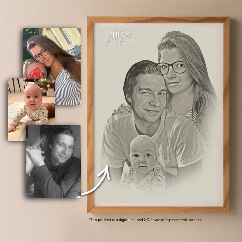 Memorial Portrait Gift Idea Gift for Her Gift for Him Combine Multiple Photos Sketch Drawing Family image 2