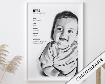 Baby/Kids Custom Pencil Sketch & Birth Information  | Custom Digital Wall Prints | Printable Art | Digital Download | Balkan