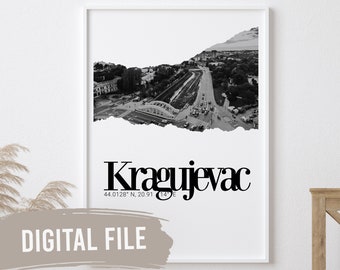 Kragujevac, Coordinates & Photo | Custom Balkan Wall Prints | Printable Art | Digital Download | Funny, Humour | Srbija | Serbia