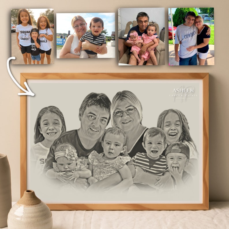 Erinnerungsstück Geschenkidee Geschenk für Sie Geschenk für Ihn Kombinieren Sie mehrere Fotos Skizze Zeichnung Familie Bild 4