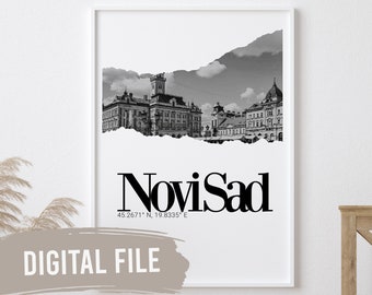 Novi Sad, Coordinates & Photo | Custom Balkan Wall Prints | Printable Art | Digital Download | Funny, Humour | Srbija | Serbia