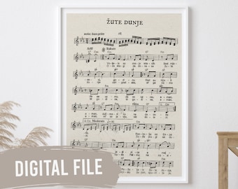 Žute Dunje - Partiture | Custom Balkan Wall Prints | Printable Art | Digital Download | Bosnian | Bosna | Sevdah |
