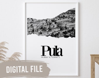 Pula, Coordinates & Photo | Custom Balkan Wall Prints | Printable Art | Digital Download | Funny, Humour | Croatian | Croatia | Hrvatska