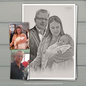 May include: A digital greyscale portrait illustration featuring a man in a suit and glasses standing behind a woman holding a baby in a white gown. Two smaller reference photographs are layered on the left side, showing the same subjects.