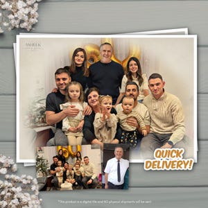 Może przedstawiać: Portret rodzinny przedstawiający grupę osób w różnym wieku, pozujących do zdjęcia. Obraz zawiera mniejsze zdjęcie tej samej rodziny. Widoczne są słowa "ASHEEK" i "QUICK DELIVERY!". Obecny jest również tekst "This product is a digital file and NO physical shipments will be sent."