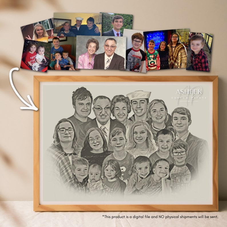Custom Family Digital Portrait Combine Multiple Photos Sketch Drawing Custom Wall Prints Combine Images Merge Printable image 6