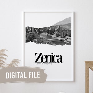 Zenica, Coordinates & Photo | Custom Balkan Wall Prints | Printable Art | Digital Download | Funny, Humour | Bosnian | Bosnia | Serbian