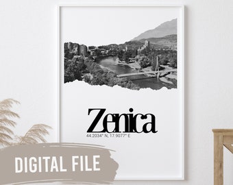 Zenica, Coordinates & Photo | Custom Balkan Wall Prints | Printable Art | Digital Download | Funny, Humour | Bosnian | Bosnia | Serbian