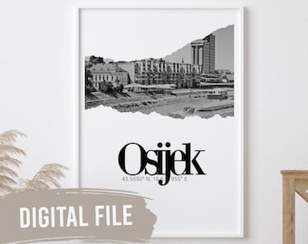 Osijek, Coordinates & Photo | Custom Balkan Wall Prints | Printable Art | Digital Download | Funny, Humour | Croatian | Croatia | Hrvatska