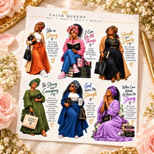 Puede incluir: Una hoja de pegatinas titulada Faith Queens con seis ilustraciones de mujeres negras con diversos atuendos y peinados, cada una acompañada de un versículo bíblico y texto inspirador. Las pegatinas incluyen representaciones de mujeres con biblias, bolsos y libros.