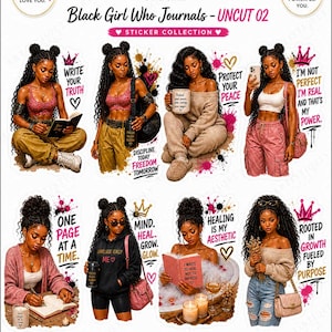 May include: A sticker sheet with illustrations of Black women, each with a different pose and inspirational quote. The stickers feature phrases such as "Write Your Truth" and "Rooted in Growth." The color scheme includes pink, brown, and gold, with a crown motif.