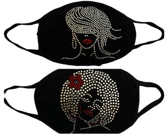 Afro Lady Rhinestone Face Mask w/filter pocket and 1 Free PM2 Filter/Bling Face Mask