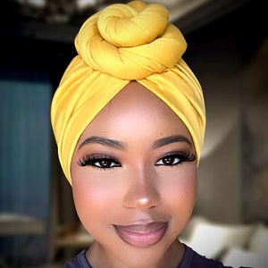 Pre-Tied Turban/Adult Turban/ Pre knotted Adult Head Wrap/ Pre-Tied Twist knot Hat/ Chemo wrap / Alopecia cap/Slip on wrap Yellow