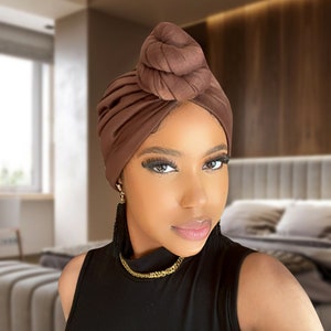 Pre-Tied Turban/Adult Turban/ Pre knotted Adult Head Wrap/ Pre-Tied Twist knot Hat/ Chemo wrap / Alopecia cap/Slip on wrap Brown