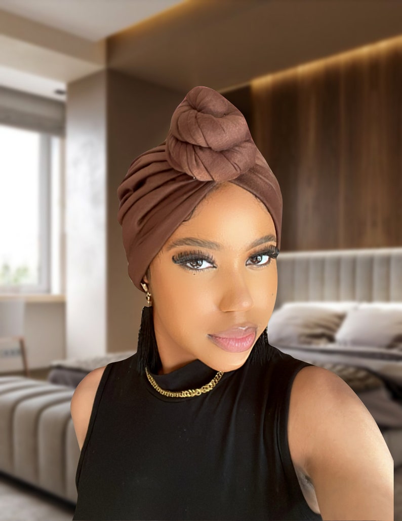 Pre-Tied Turban/Adult Turban/ Pre knotted Adult Head Wrap/ Pre-Tied Twist knot Hat/ Chemo wrap / Alopecia cap/Slip on wrap Brown