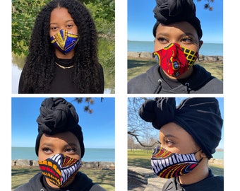 African Print Face Mask /Ankara Print  Face Mask  w/ Filter Pocket /Adjustable Straps including  (1) 5 layer PM2 Filter/Washable, Unisex