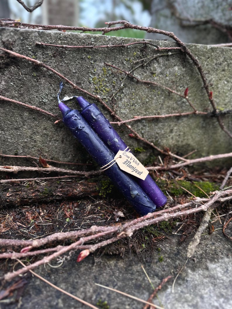 May include: Two dark purple candles with a textured surface, resting on a weathered stone surface with vines. A small tag tied to one candle reads "Emma V Vitch Manifest". The candles are a deep shade of purple.