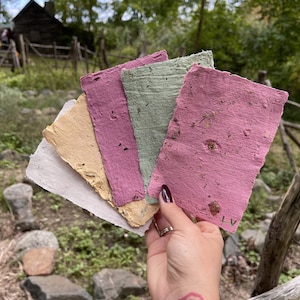 May include: A collection of handmade paper sheets in various colors, including pink, green, and beige. The paper has a textured surface with visible plant fibers and small inclusions. The sheets are held up against a natural outdoor backdrop.