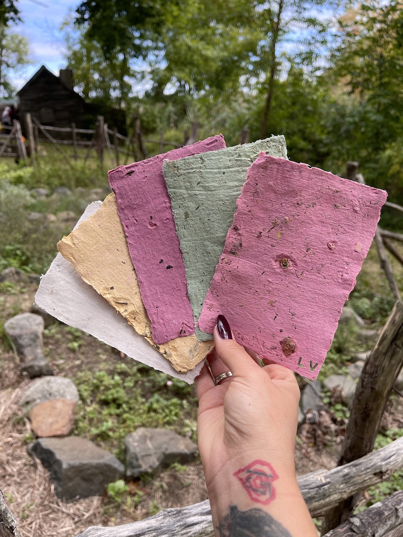 May include: A collection of handmade paper sheets in various colors, including pink, green, and beige. The paper has a textured surface with visible plant fibers and small inclusions. The sheets are held up against a natural outdoor backdrop.