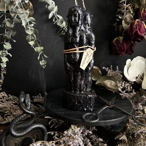 May include: A black sculpted candle with three figures, tied with a brown string and a tag that reads "Come Vibe Separation". The candle sits on a black wooden stand, with a metal snake and scissors nearby. Dried flowers and greenery surround the candle.