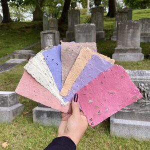 May include: A hand displays a fan of handmade paper sheets in various pastel colors, including pink, lavender, and cream. The paper has a textured, organic appearance with visible plant inclusions. The background features a cemetery with weathered tombstones and green grass.