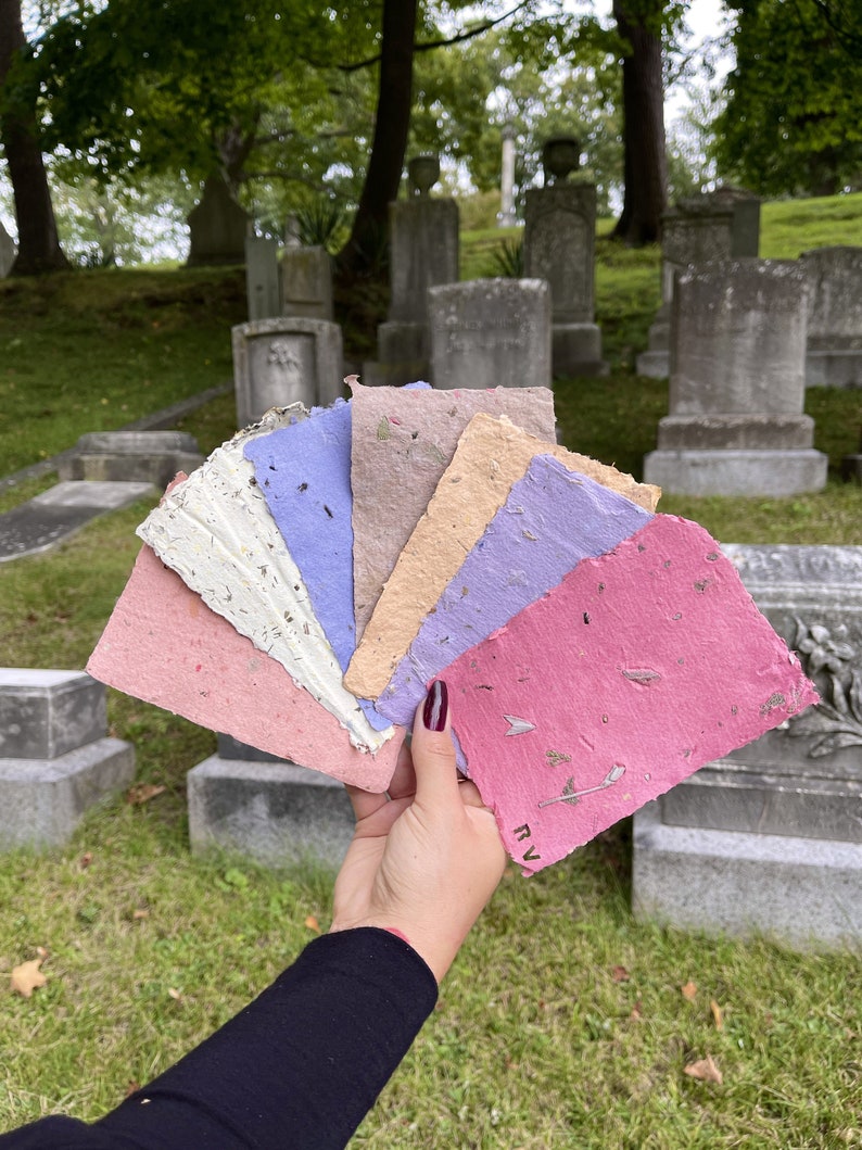 May include: A hand displays a fan of handmade paper sheets in various pastel colors, including pink, lavender, and cream. The paper has a textured, organic appearance with visible plant inclusions. The background features a cemetery with weathered tombstones and green grass.
