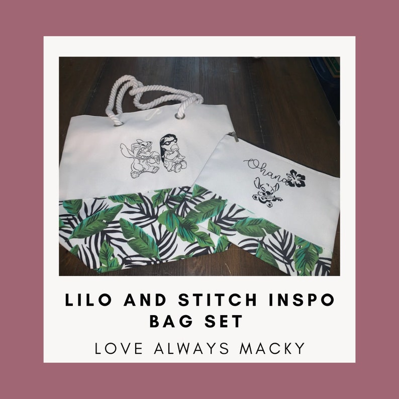 May include: A white tote bag and a matching zippered pouch featuring a green and black tropical leaf pattern at the base. The tote has white rope handles and a black line art graphic of Lilo and Stitch. The pouch features the text Ohana.