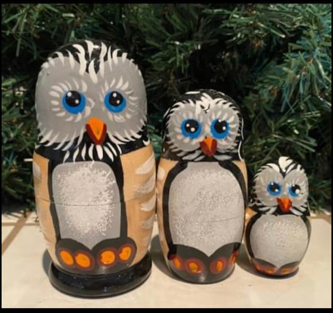 Russian Nesting Dolls Owls 3 Pieces Beautiful Set Etsy