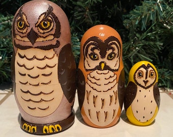 Russian Nesting Dolls Beautiful Owls! 3 pieces