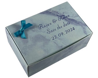 Save the date Personalised boxes with satin bow, Mithai box suitable for ladoo, barfi etc