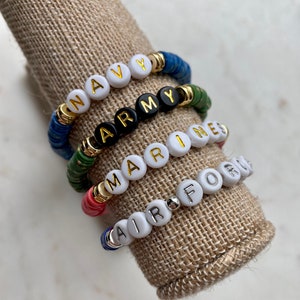 Beaded bracelet, military, Navy, Army, Marines, Air Force, coast guard, heishi, custom bracelet, women’s bracelet, troops