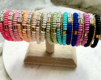 Personalized Heishi Bead Name Bracelet: 14k Gold Accents, Custom Word