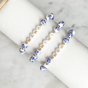 Personalized Beaded Mama Bracelet, Mother’s Day Gift, Blue Floral Pattern, Custom Mimi Gift