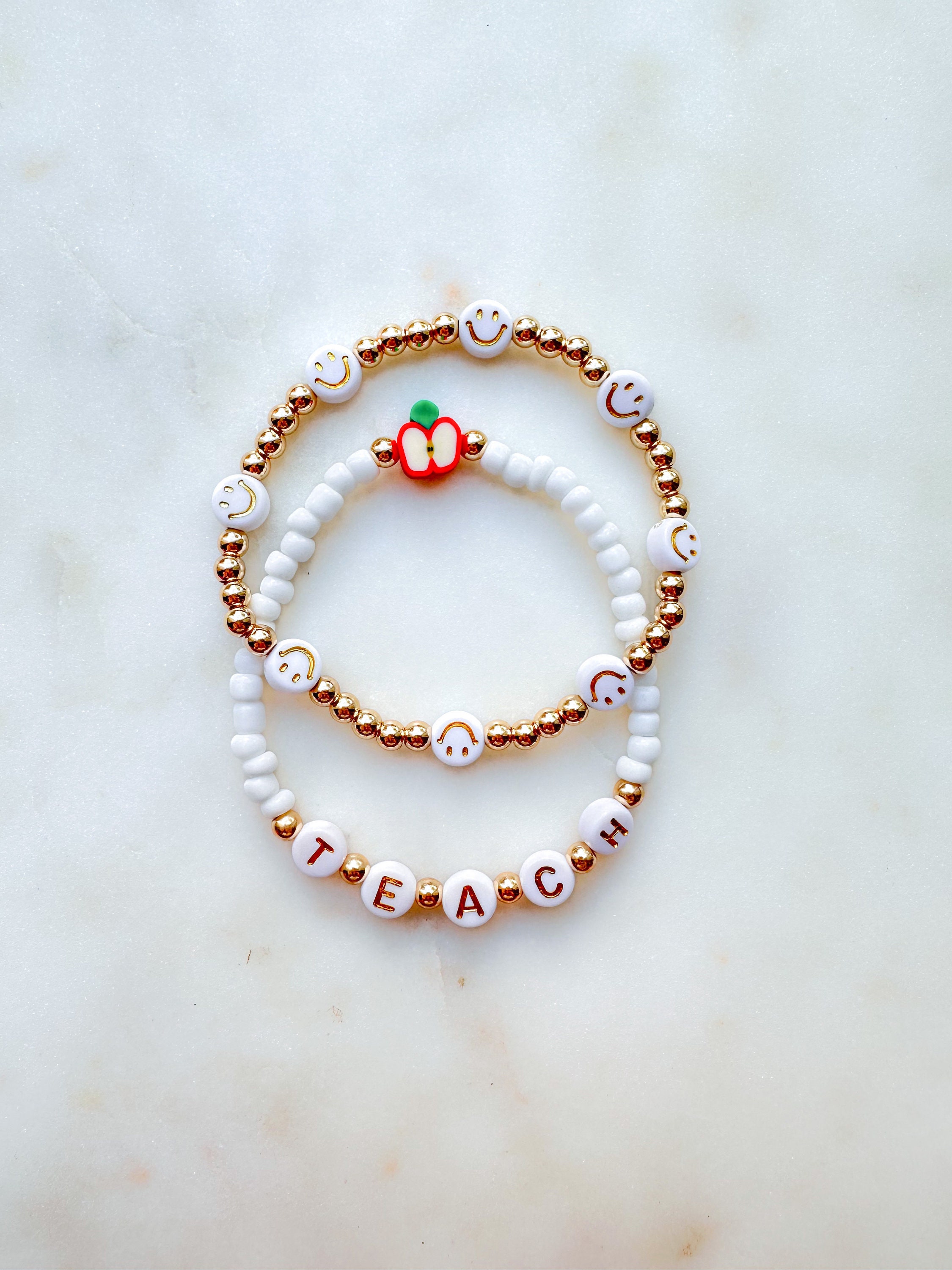 Personalized Teacher Bracelet: 14k Gold Beaded Apple Charm, Teacher ...