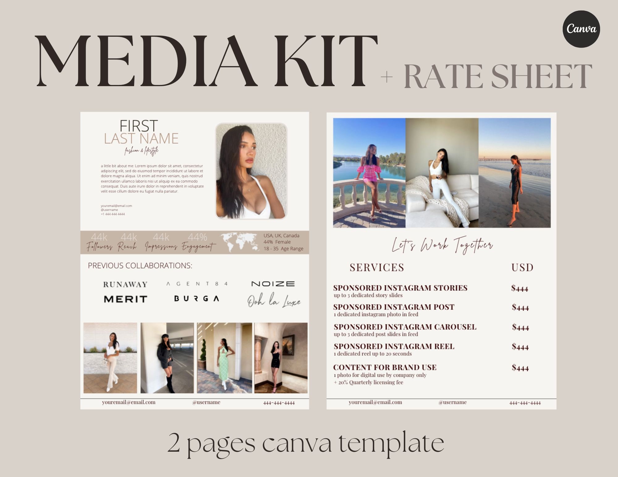 2 Page Fitness Media Kit Template Instagram Influencer Rate Sheet Yoga  Blogger Press Kit Canva Template Facebook Instagram  