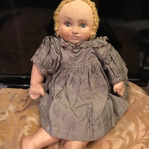 vintage, German rag cloth doll girl , hand painted face yellow wig