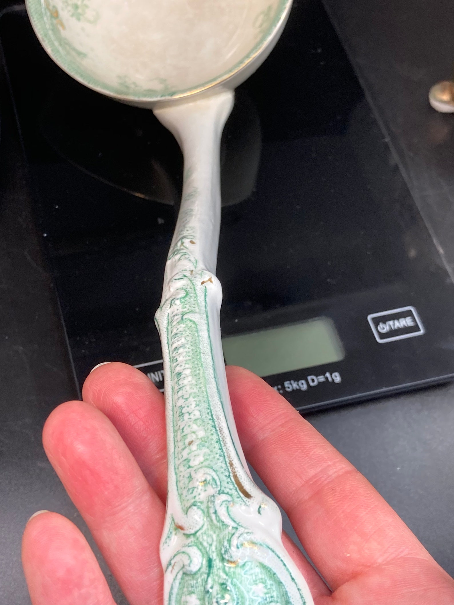 Vintage/antique porcelain large soup ladle with green and gold Etsy