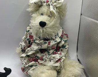vintage white  girl  teddy bear dressed flower pattern clothes and ribbon,with tags annabella boyds collection bear