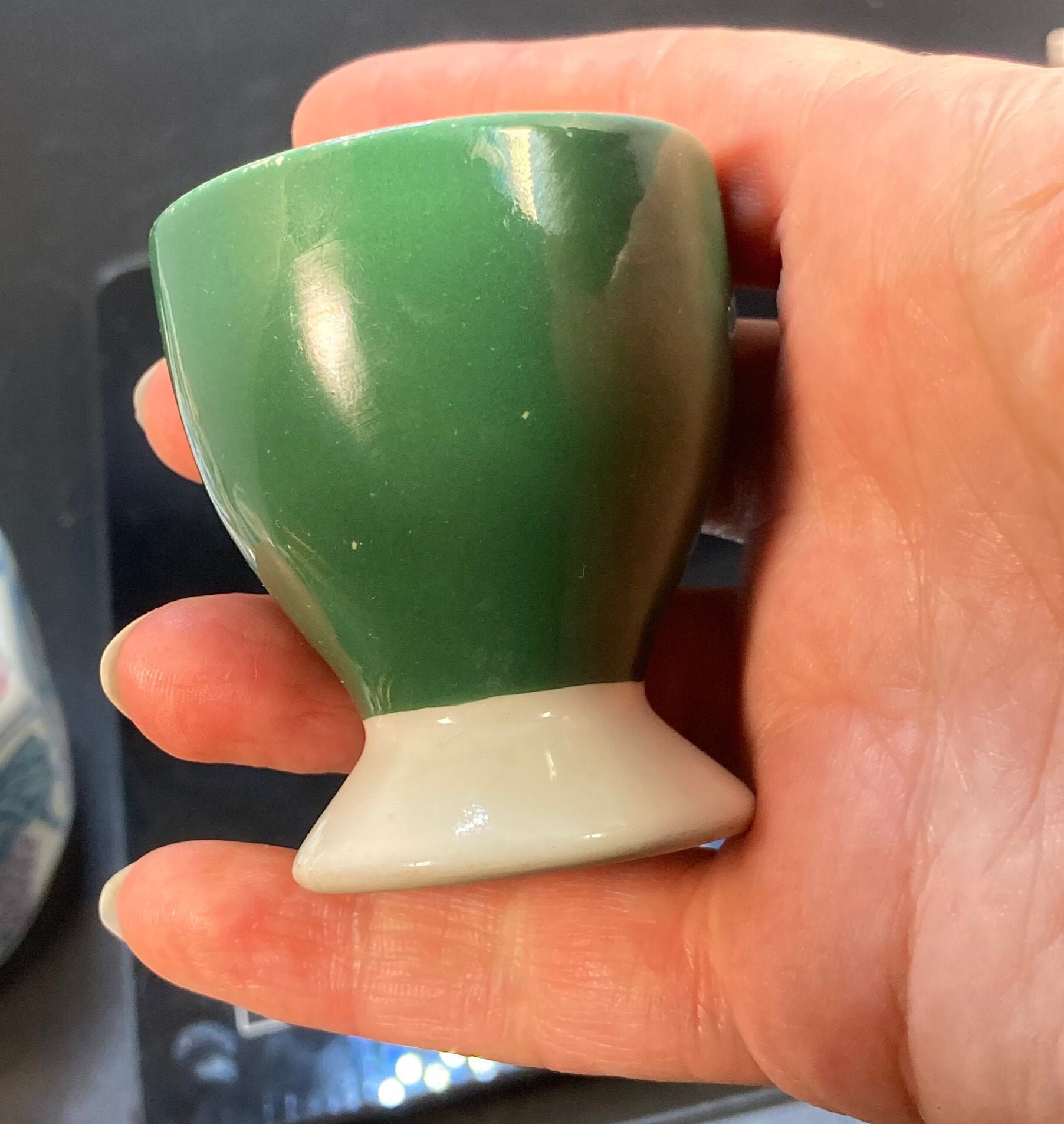 Vintage Porcelain, Green and White Egg Cup, Marked on Bottom Etsy
