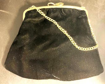 Vintage Kiss Lock pluszowa damska/dziewczęca czarna pluszowa torebka/torebka kopertówka z łańcuszkowym uchwytem
