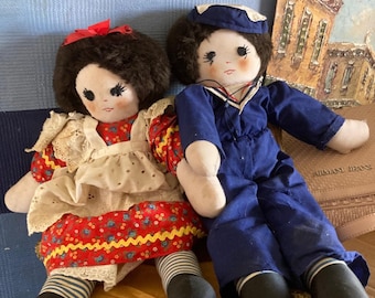 vintage couple of cloth /rag dolls , pair , woman and seaman