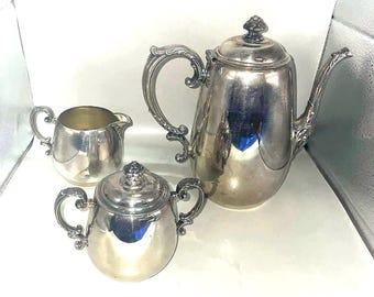 Antik silverpläterad Rogers set (3 delar) tekanna/kaffekanna, kanna, sockerskål märkt Rogers tillverkad i England