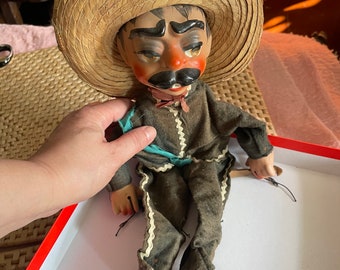 Vintage Pancho Villa doll, marionette, Mexican bandit with pistols, old string puppet, composition, wood, antique, collectible, retro toy