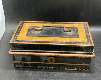 Vintage Tinplate money box ,metal tin empty rectangle black and yellow lidded box,no key , with brass handle