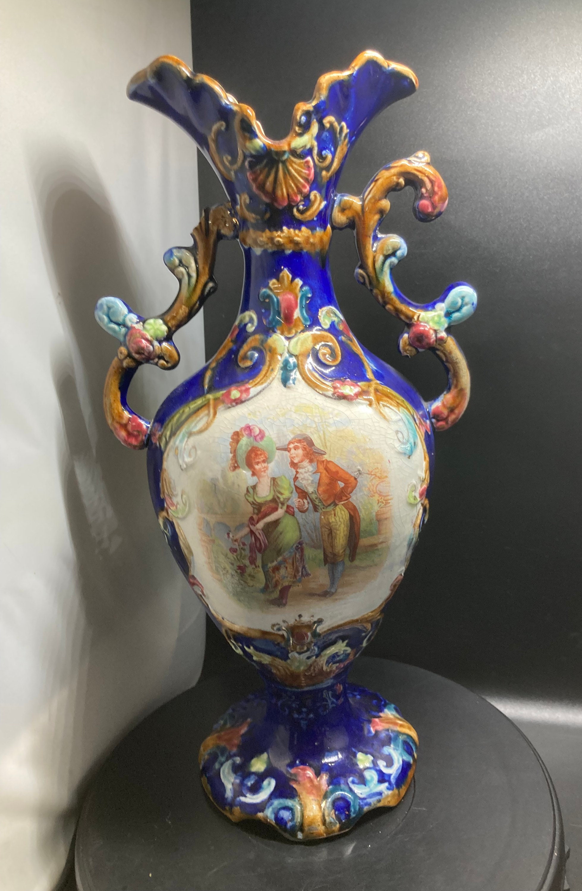 Continental Majolica Glazed Two Handled Vase Vintage Antique Blue Vase With Handles Etsy Canada