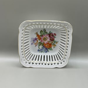 Vintage porcelain small sweets candy square dish/bowl/basket with flowers decoration , marked 82, numbered